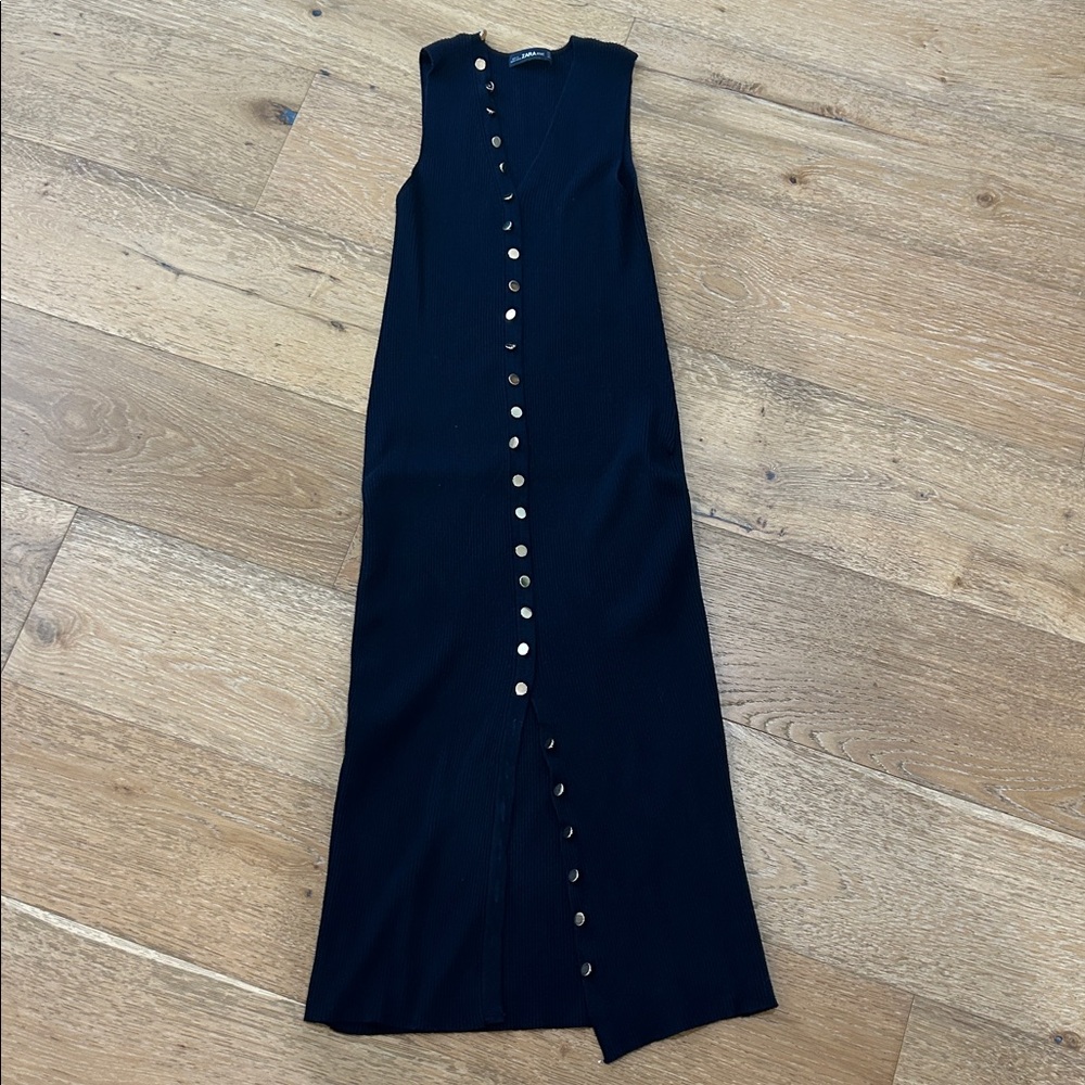 Zara Navy Knit Top with Gold Button Detail Size S